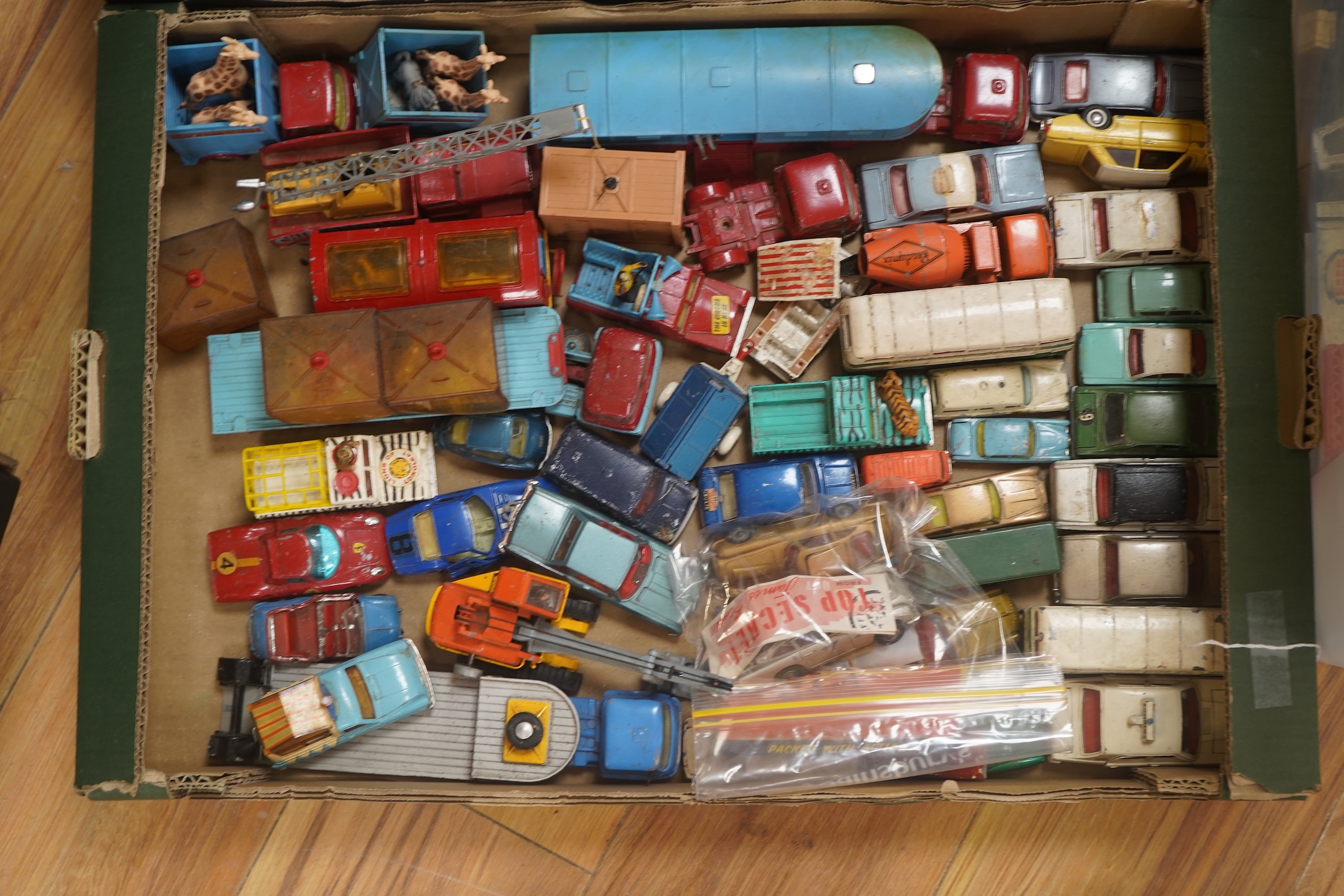 A collection of diecast vehicles by Dinky Toys, Corgi Toys, Husky, Matchbox Series, etc. including a good selection of French Dinky Toys military vehicles, original Chipperfields Circus vehicles, cars, commercial vehicle